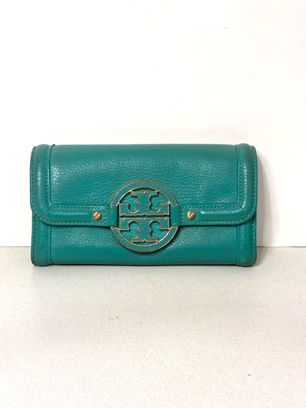 Tory Burch Amanda Continental Wallet Turquoise Double T Logo Classic Pebbled